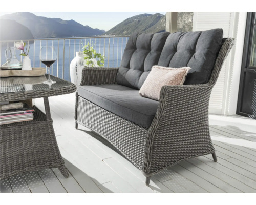 Canapé de jardin Destiny Casa vintage gris, rotin synthétique + aluminium, y compris galettes d'assise Ensemble de meubles de jardin aspect rotin, composé d''un canapé et d''une table, pour l''extérieur