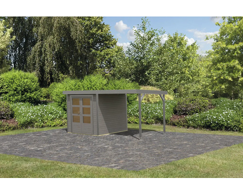 Abri de jardin avec auvent à l''extérieur sur une surface en pierre