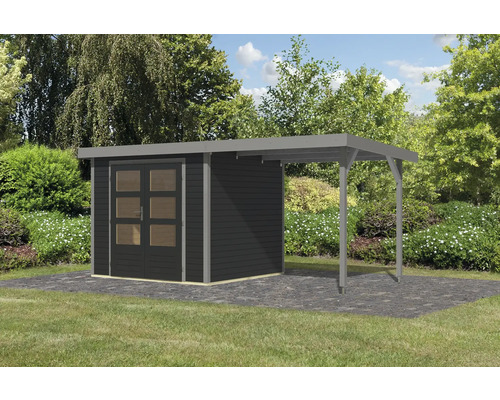 Abri de jardin avec annexe sur pelouse
