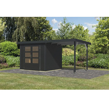 Abri de jardin en bois avec annexe dans le jardin