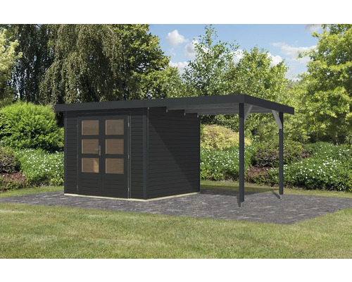 Abri de jardin en bois avec annexe dans le jardin
