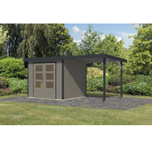 Abri de jardin avec annexe en bois dans le jardin