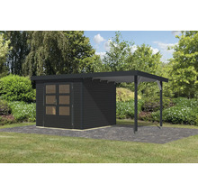 Abri de jardin en bois avec annexe sur pelouse
