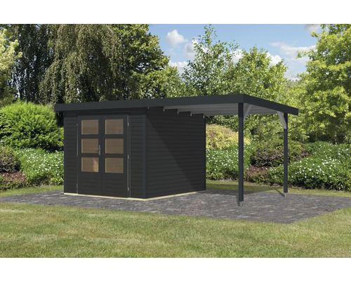 Abri de jardin en bois avec annexe sur pelouse