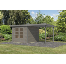Abri de jardin en bois avec double porte et carport dans le jardin.