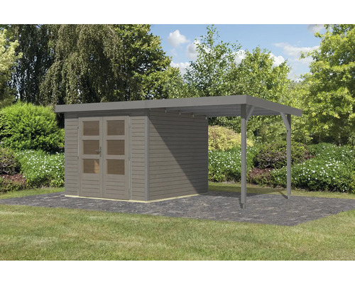 Abri de jardin en bois avec double porte et carport dans le jardin.