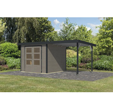 Abri de jardin avec carport en bois dans le jardin