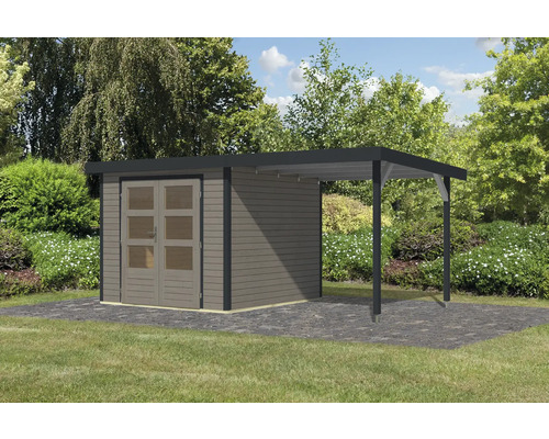 Abri de jardin avec carport en bois dans le jardin
