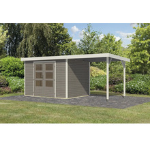 Abri de jardin en bois avec double porte et auvent dans le jardin