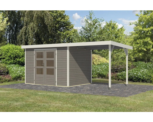 Abri de jardin en bois avec double porte et auvent dans le jardin