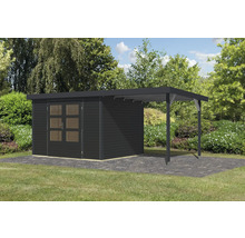 Abri de jardin en bois avec annexe sur terrasse en pierre