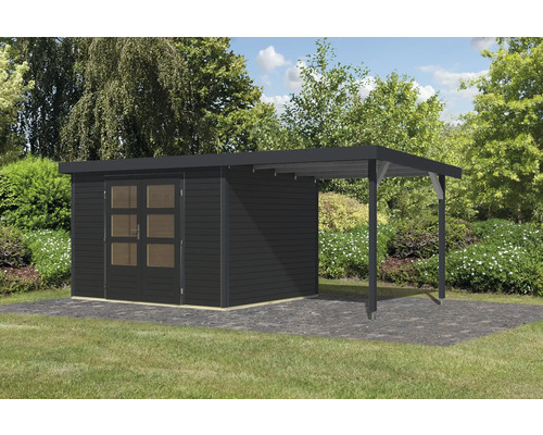 Abri de jardin en bois avec annexe sur terrasse en pierre