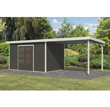 Gartenhaus mit Carport auf Rasenfläche