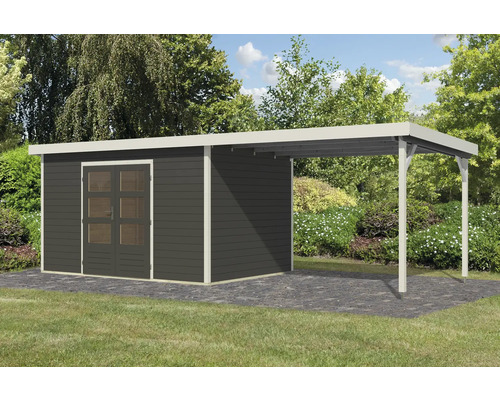 Gartenhaus mit Carport auf Rasenfläche