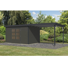 Gartenhaus mit Carport und Doppeltür im Garten.