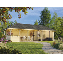 Pavillon de jardin en bois avec terrasse, équipé de meubles et de décorations dans un jardin
