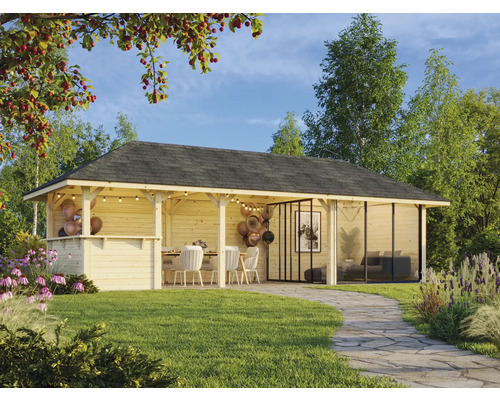 Maison de jardin en bois avec portes coulissantes, espace barbecue et coin repas dans le jardin