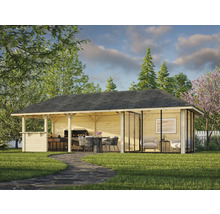 Abri de jardin avec espace barbecue, coin salon et vitrage pour l''extérieur