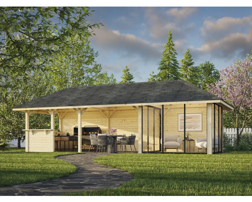 Pavillon de jardin avec barbecue, coin repas et coin salon extérieur