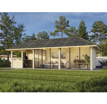 Pavillon de jardin avec coin salon, espace de travail et bar en bois avec bardeaux de toit gris