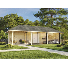 Gartenhaus mit Terrasse, Hängesessel, Glasschiebetüren und Schlafzimmerausstattung in einem hellen Garten