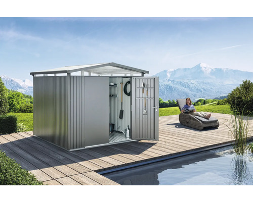 Abri de jardin biohort Panorama P3 avec porte à deux vantaux, étagère et gouttière 273 x 238 cm gris quartz métallique Abri de jardin biohort Panorama P3 avec porte à deux vantaux, étagère et gouttière 273 x 238 cm gris quartz métallique