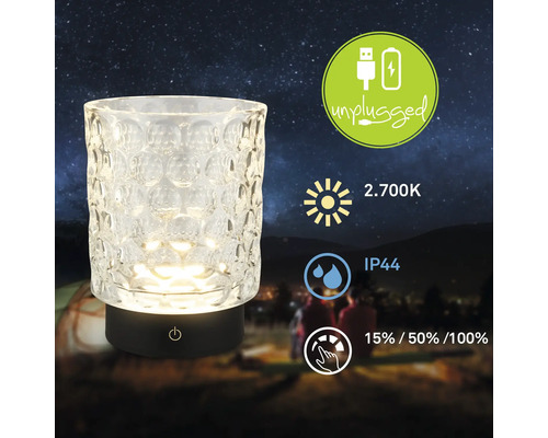 Lampe de table décorative avec verre clair, fonctionnement sans fil et fonction de variateur tactile.