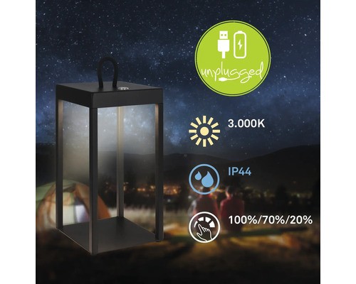 Lanterne noire avec 3 000 Kelvin, indice de protection IP44 et symbole débranché