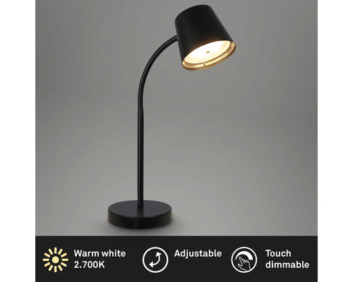 Lampe de table noire dimmable avec lumière blanche chaude et bras réglable.