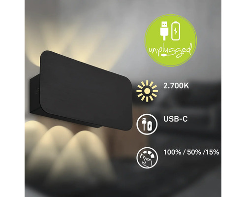 Applique murale noire avec 2700 Kelvin, port USB-C et fonction de variation de l''intensité lumineuse