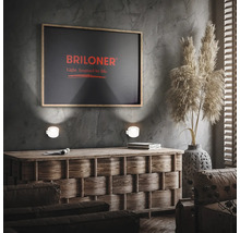 Salon avec commode, appliques murales, logo Briloner et décoration