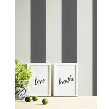 Scène décorative avec papier peint rayé, plante en pot, deux impressions encadrées avec les mots amour et respirer, et trois citrons verts.