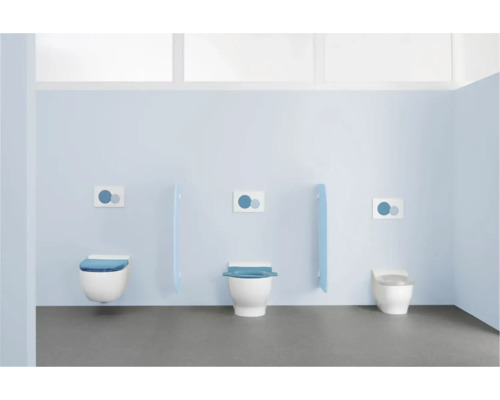Salle de bains avec trois toilettes et plaques de commande