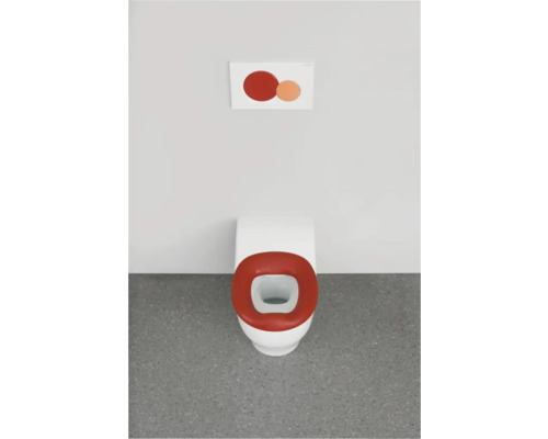 WC blanc avec siège de toilette rouge et plaque de commande