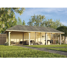 Jardin avec pavillon en bois et façade en verre