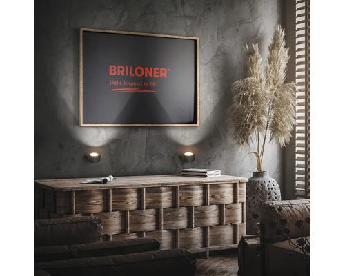 Salon avec commode, appliques murales et logo Briloner