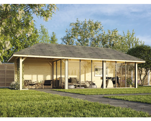 Maison de jardin en bois avec portes coulissantes en verre et bardeaux de toiture dans le jardin.