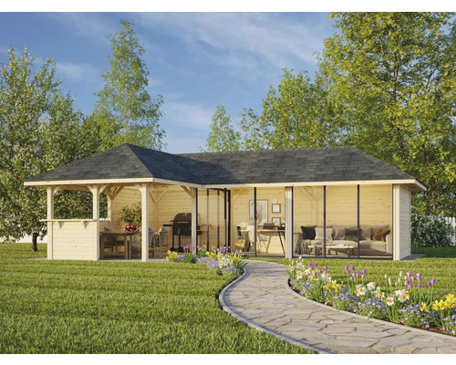 Pavillon de jardin en bois avec espace barbecue, coin repas, éléments en verre et coin salon dans le jardin