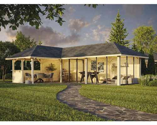 Pavillon en bois avec mobilier de jardin et barbecue sur une pelouse