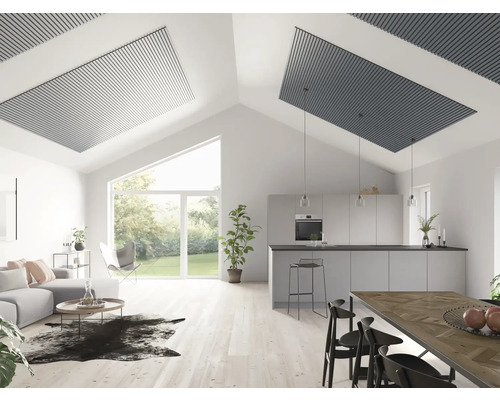 Helles Wohnzimmer mit offener Küche, Deckenpaneelen und minimalistischem Design