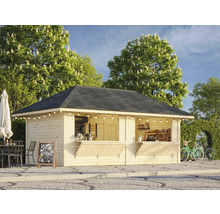 Stand de vente en bois avec toit noir et éclairage extérieur à l''extérieur