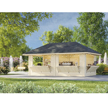 Kiosque de jardin en bois avec éclairage et toit foncé dans un parc