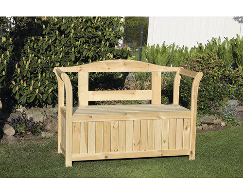 Banc de jardin en bois avec espace de rangement extérieur.