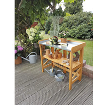 Scène de jardin avec une table de rempotage en bois, divers pots et arrosoirs.
