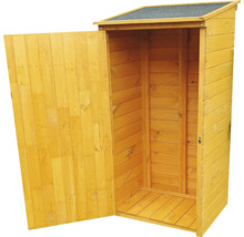 Holzgartenschrank mit offener Tür zur Aufbewahrung von Gartengeräten