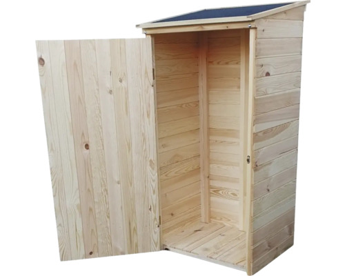 Armoire de jardin en bois avec porte ouverte pour ranger les outils de jardin