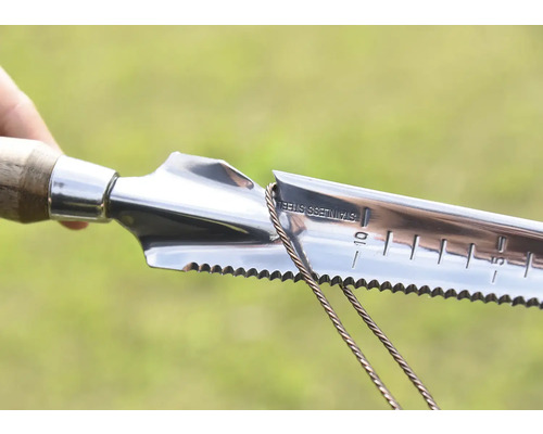 Outil de jardin avec manche en bois et lame en acier inoxydable avec échelle de profondeur