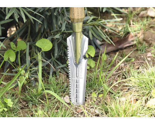 Outil de jardin avec manche en bois et pelle en acier inoxydable dans l''herbe