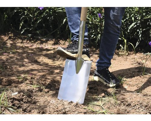 Une personne utilise une bêche avec un manche en bois dans le jardin pour creuser la terre.