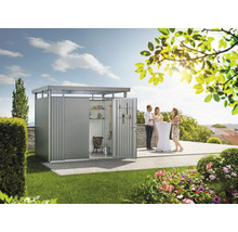 Armoire de jardin en métal avec portes ouvertes et personnes faisant la fête dans le jardin